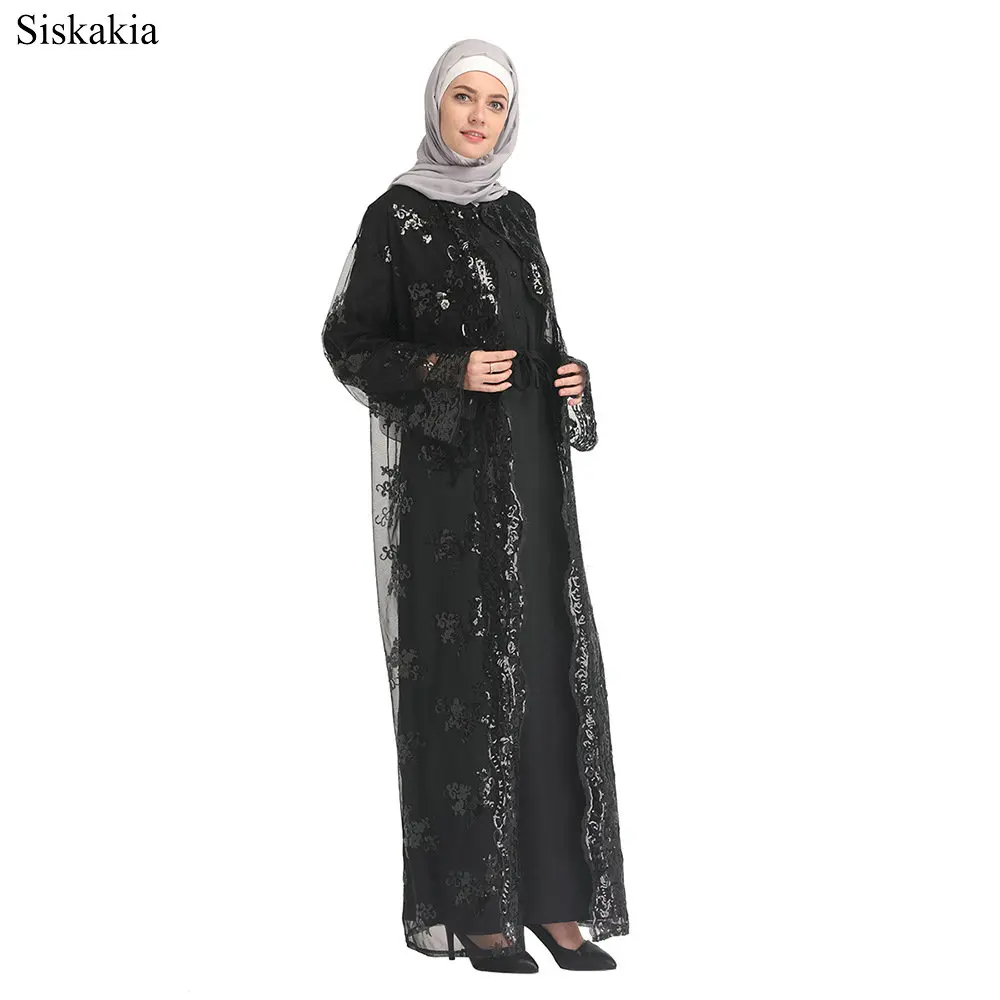 Siskakia Muslim Elegant Lace Sequin Mesh Cardigan Robe Abaya Ramadan Women Hook Flower Hollow Out Sashes Party Clothing 2019  (3)