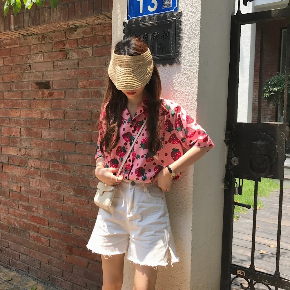 Летняя Корейская новая свободная модная женская футболка с принтом клубники Harajuku Ulzzang, милая розовая Женская футболка с отложным воротником и короткими рукавами