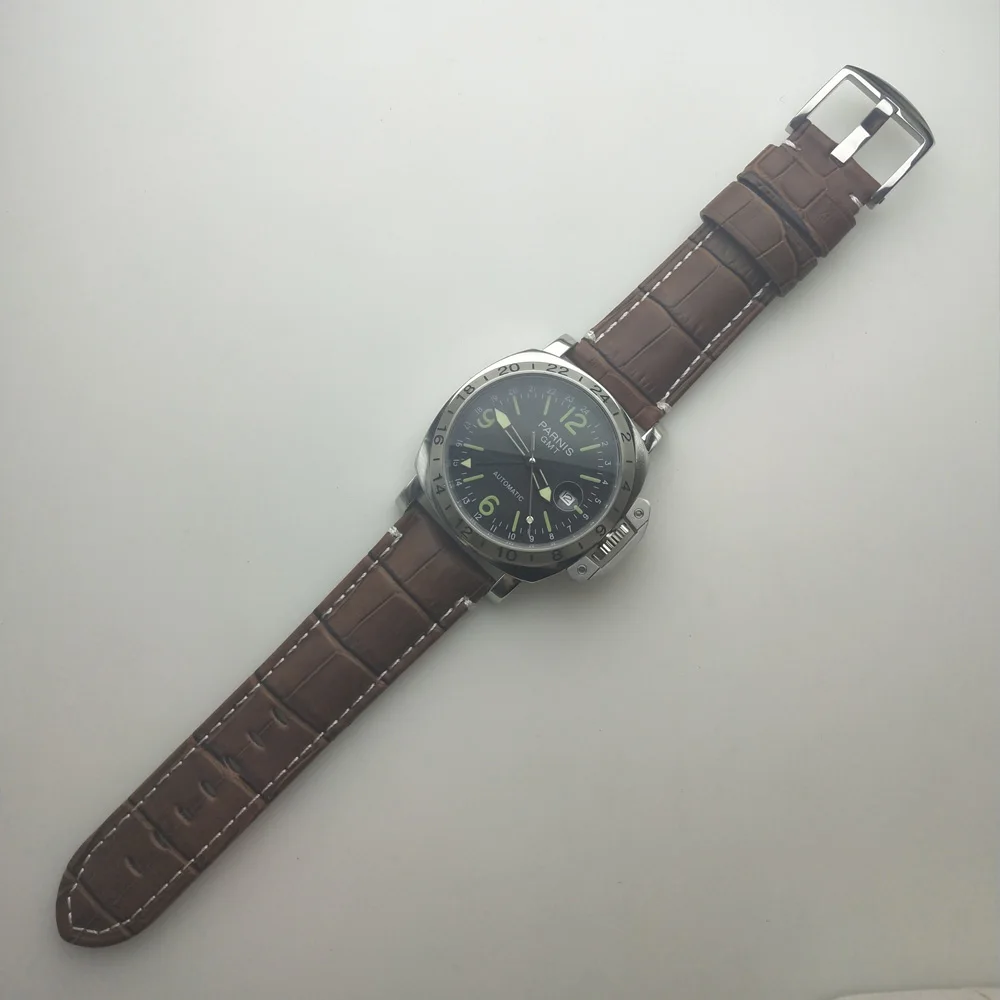 Parnis наручные часы GMT черный циферблат автоматический часовой механизм 44 мм корпус из нержавеющей стали коричневый кожаный ремешок P-8