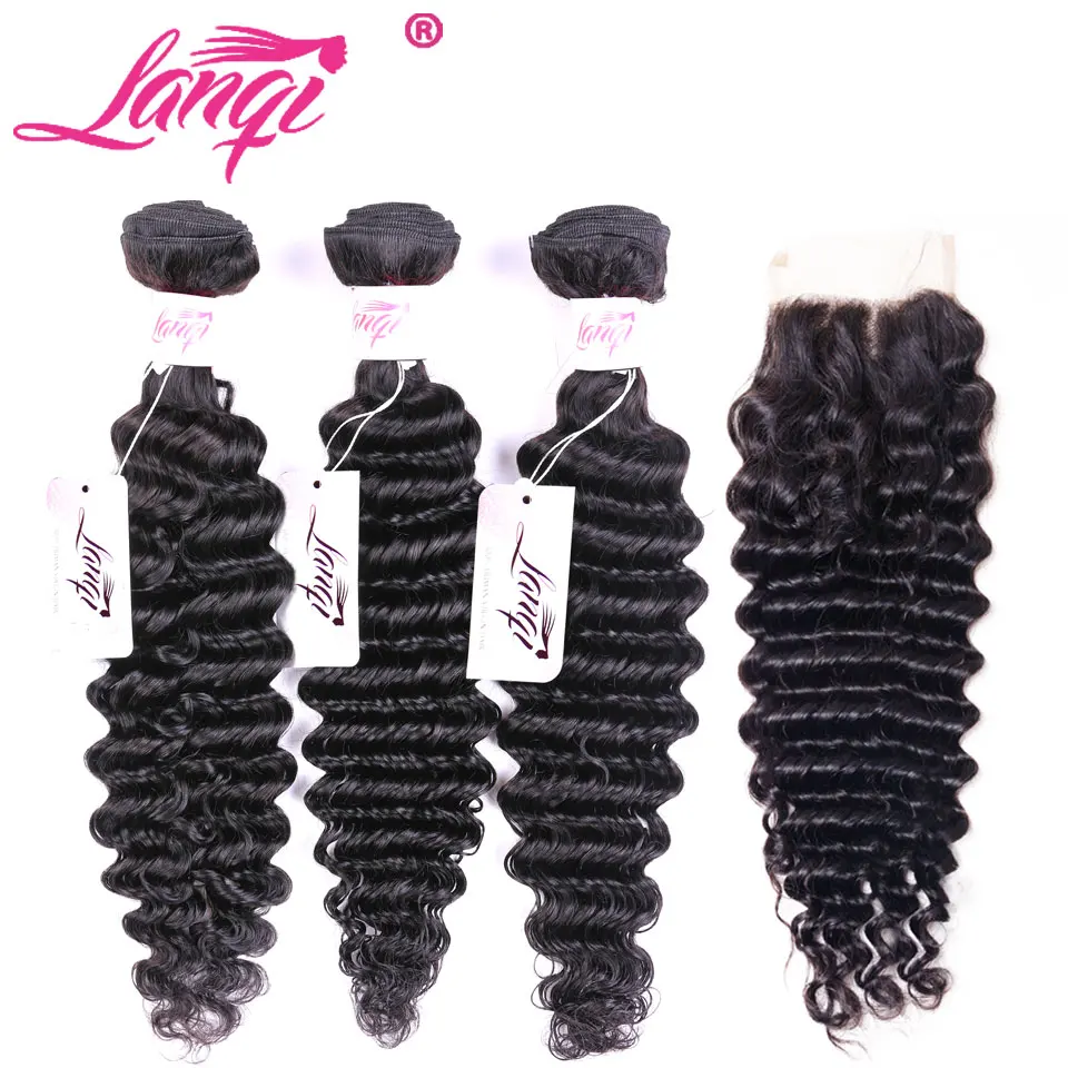 

LanQi Brazilian Hair Weave Deep Wave 3 Bundles With Closure Human Hair Bundles With Closure Non Remy Hair Bundles With Closure