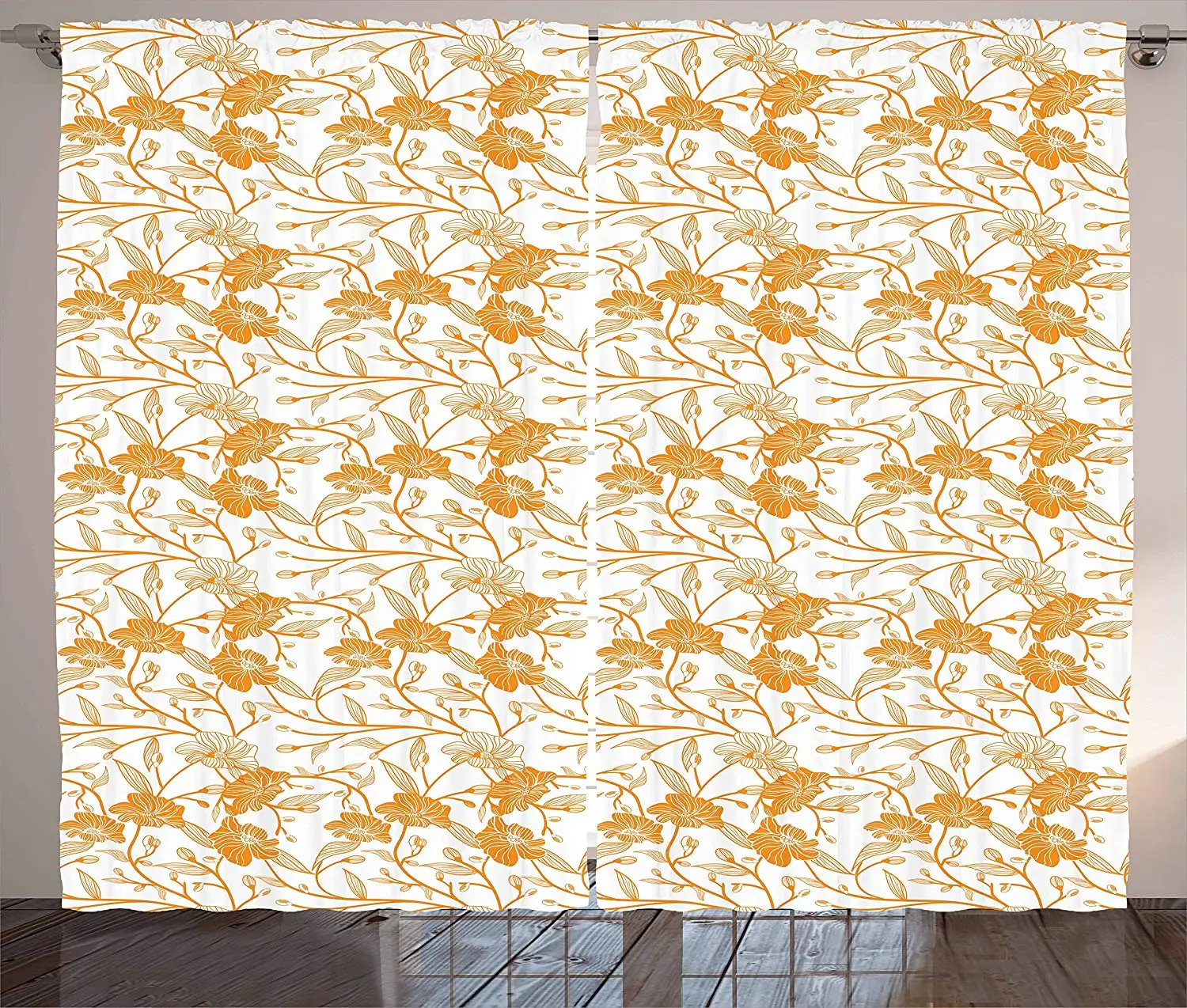 Orange And White Curtains Abstract Drawing Of Flowering Stems