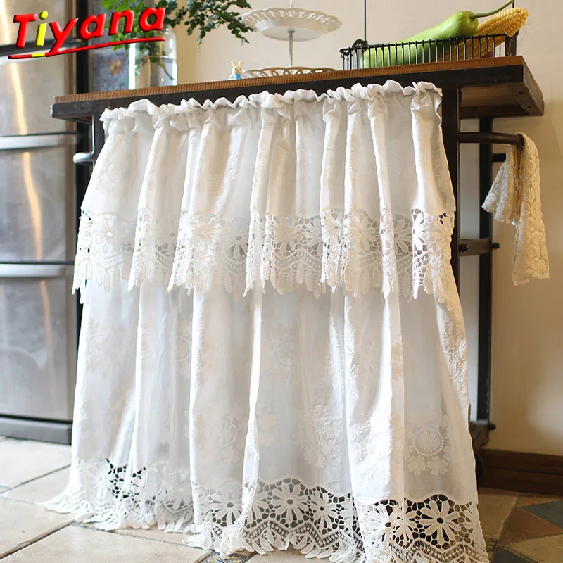 

Double-layer Cotton and Linen Lace Short Curtain for Kitchen Solid Bookshelf Hollow Out White Tulle for Small Windows QT042#30