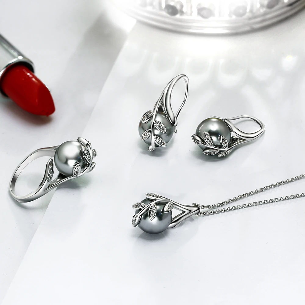 Серьги с подвеской и кольцом комплект из 3 предметов серое жемчужное кольцо
