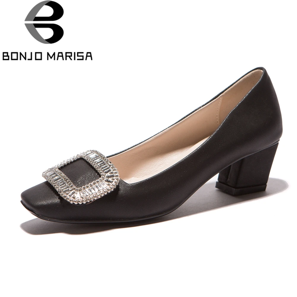 

BONJOMARISA 2018 Large Size 32-43 Black Work Pumps Women Autumn 2018 New Med Heels Shoes Woman Shallow Elegant Buckle Footwear