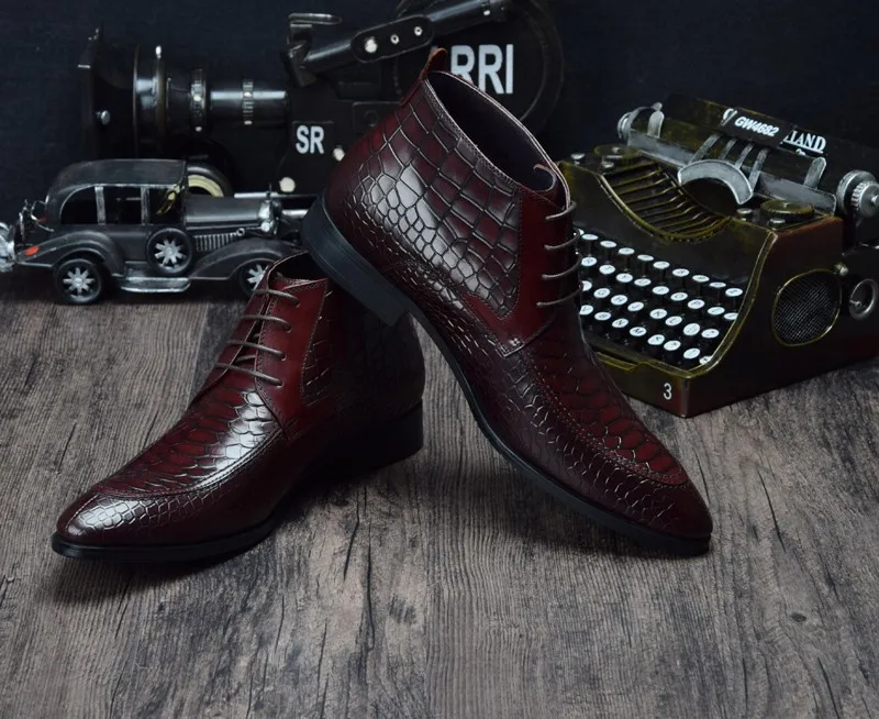 Модные черные/коричневые ботильоны из крокодиловой кожи; ботинки из натуральной кожи; Мужские модельные ботинки