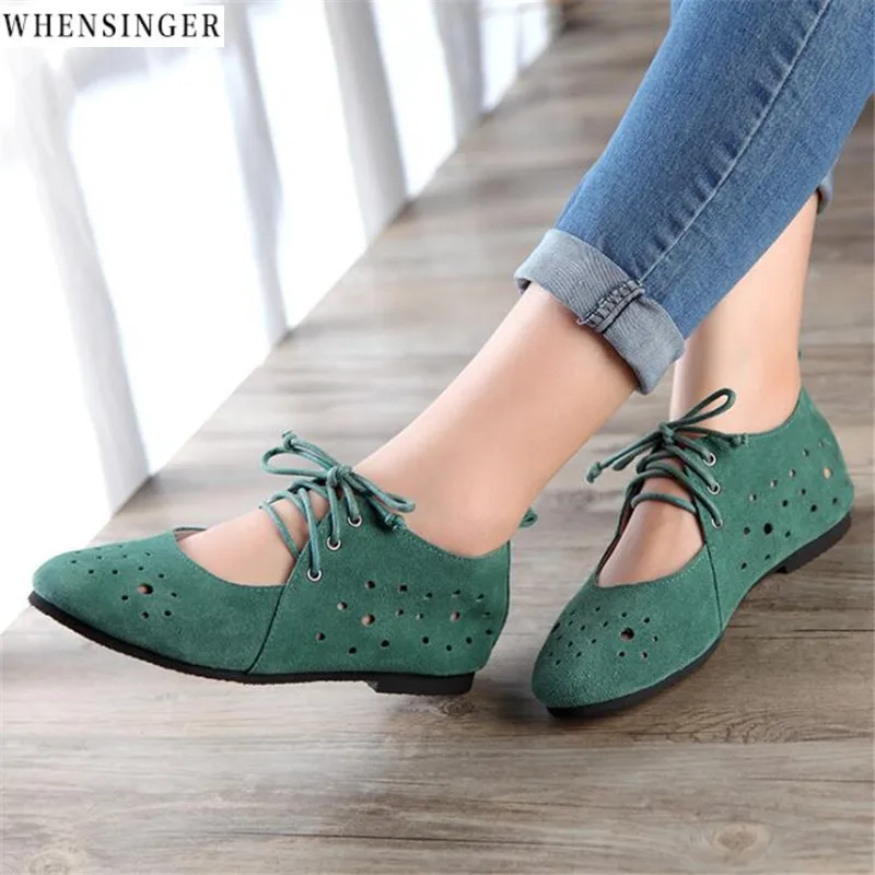 

Whensinger - Women Flat Shoes loafers Genuine Leather Casual Bandages ballet Vintage Breathable Flats Shoe
