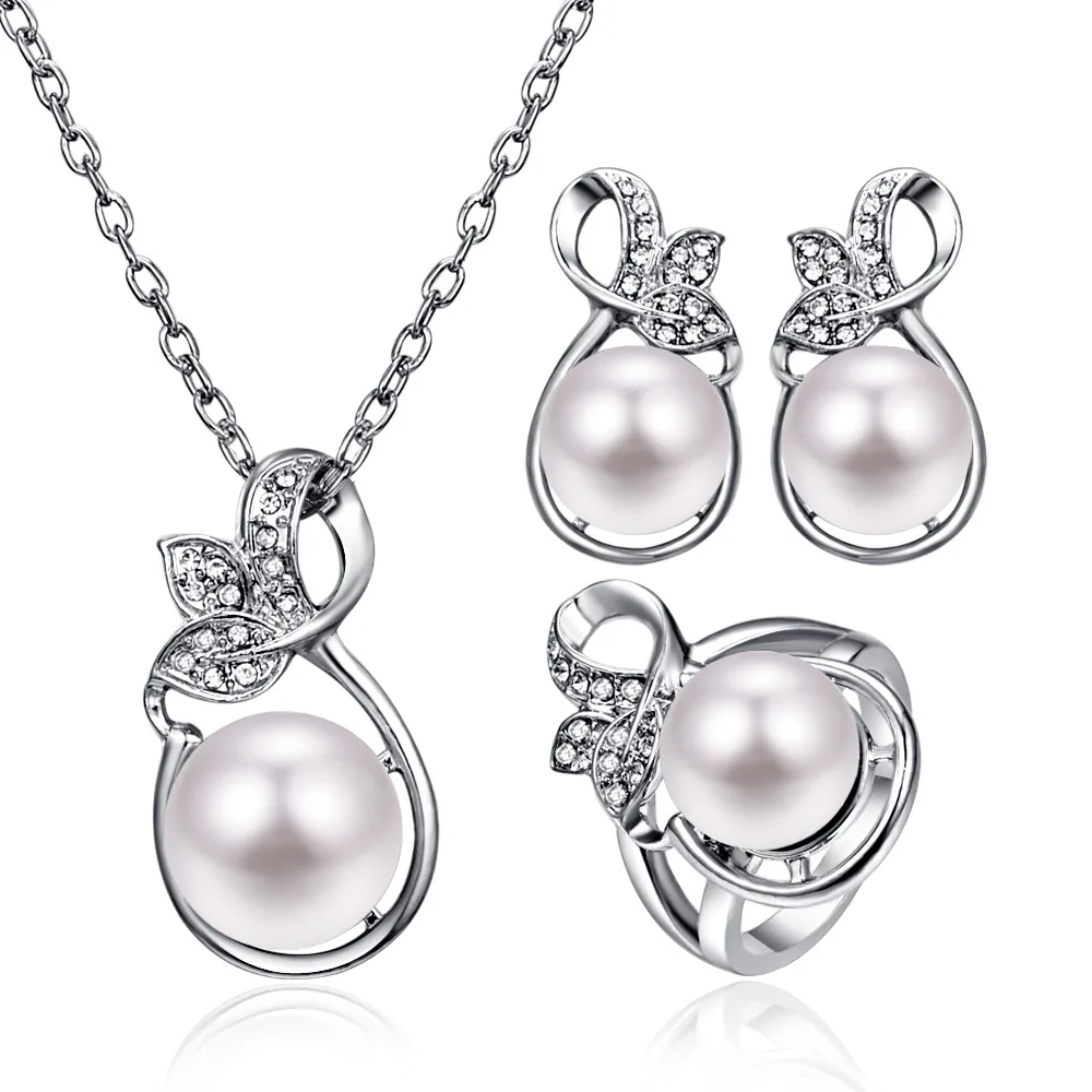 

CSHOU81 Silver Pearl Set Pearl Necklace Earrings Ring Three-Piece Set