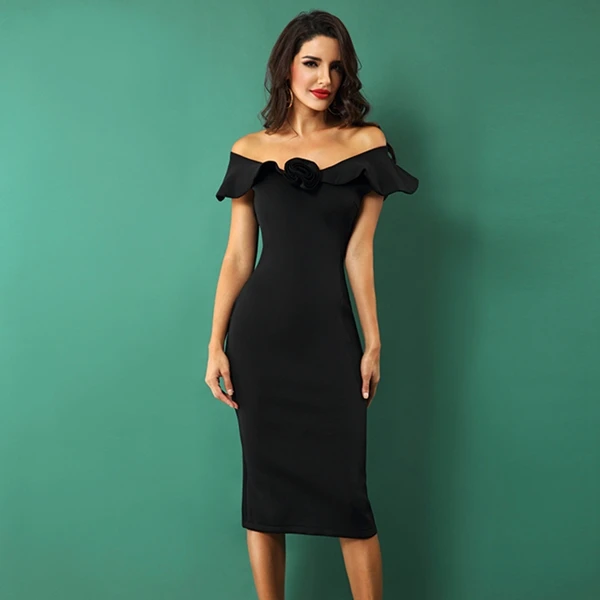 Adyce новое женское элегантное облегающее платье с рукавом-бабочкой из кусков, с оборками, с вырезом лодочкой, с цветочным рисунком, Vestidos, вечерние платья знаменитостей - Цвет: Black