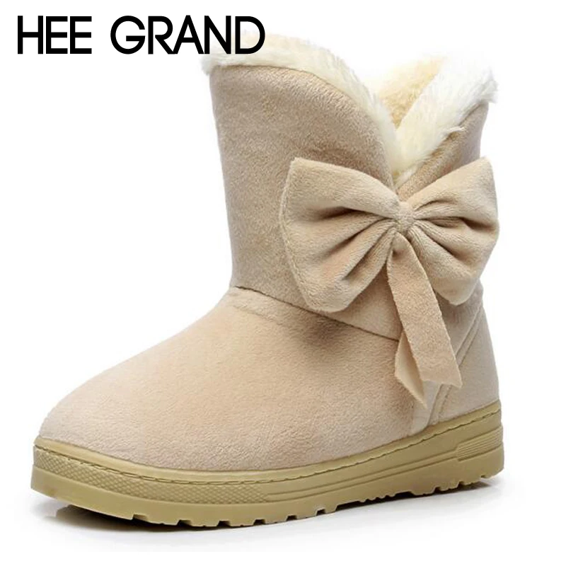 

HEE GRAND New Hot Sale Women Snow Boots Solid Bowtie Slip-On Soft Cute Women Boots Round Toe Flat with Winter Shoes XWX1385