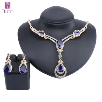 

Exquisite Blue Zircon Crystal Necklace Earring Bridal Jewelry Sets For Women Gift Party Wedding Prom