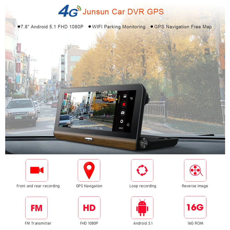 Junsun Автомобильный dvr камера 4 г поддерживается плюс 7 80 &quotAndroid 5 1 gps регистратор на