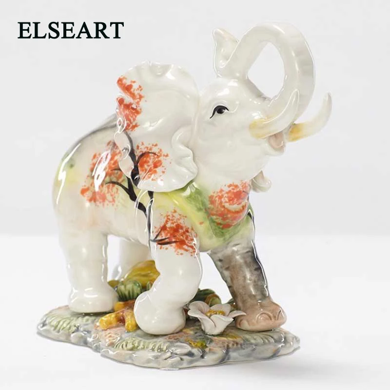 

Painted ceramic elephant with maple leaf sealing vessel pattern ornament animal porcelain figurine for office home decoration