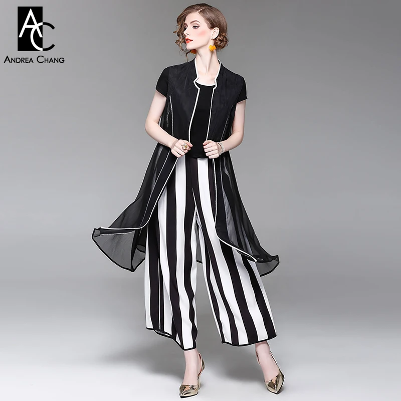 Goedkoop Lente zomer vrouw outfit zwart t shirt zwart wit strip patroon broek zwart lange vest driedelig pak kantoor XXL outfit set
