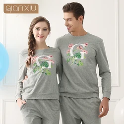 New Style Couples Pajamas Spring Autumn Round Neck Print Letter Long Sleeve Striped Pajamas Striped Pants Couples Suit