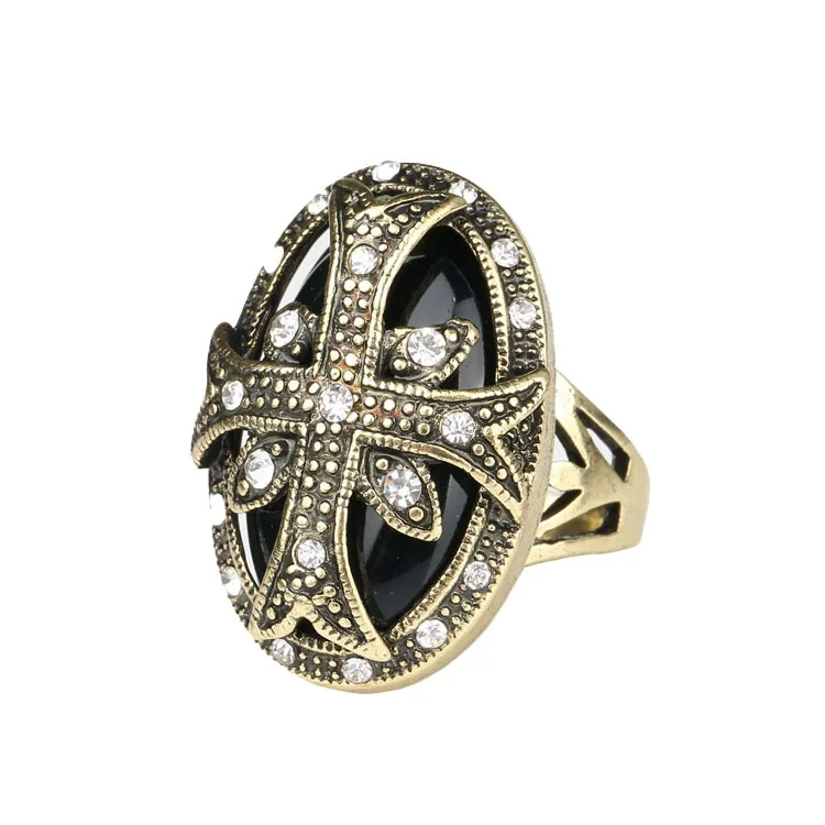 Cross Ring For Women Crystal Bezel Setting Ancient Bronze Color Fashion