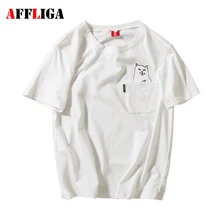 Affliga brand clothing лето 100% хлопок высокого качества розовый мужчины женщины карман футболка cat печатных футболку женщины мужчина случайно сверху