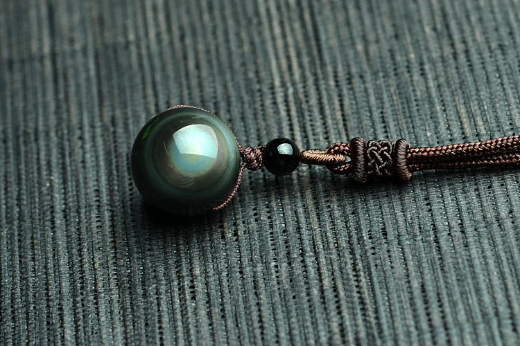 

Natural Obsidian Rainbow Eye Transfer Good Luck Bead Pendant Necklace black Polyester Rope Chain Necklace Jewelry For Woman