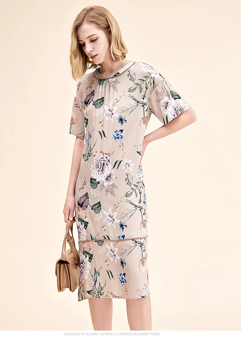 Натуральный шелк Женские подиумные платья с круглым вырезом и короткими рукавами с цветочным принтом элегантные модные летние платья