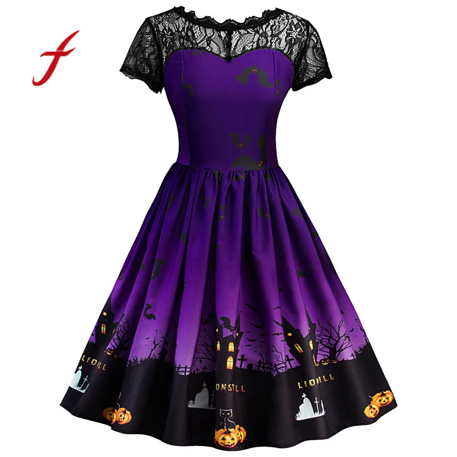 

2018 Newest women dress Short Sleeve Halloween Retro Lace Vintage Dress A Line Pumpkin Swing Dress roupas Femininas dropshipping