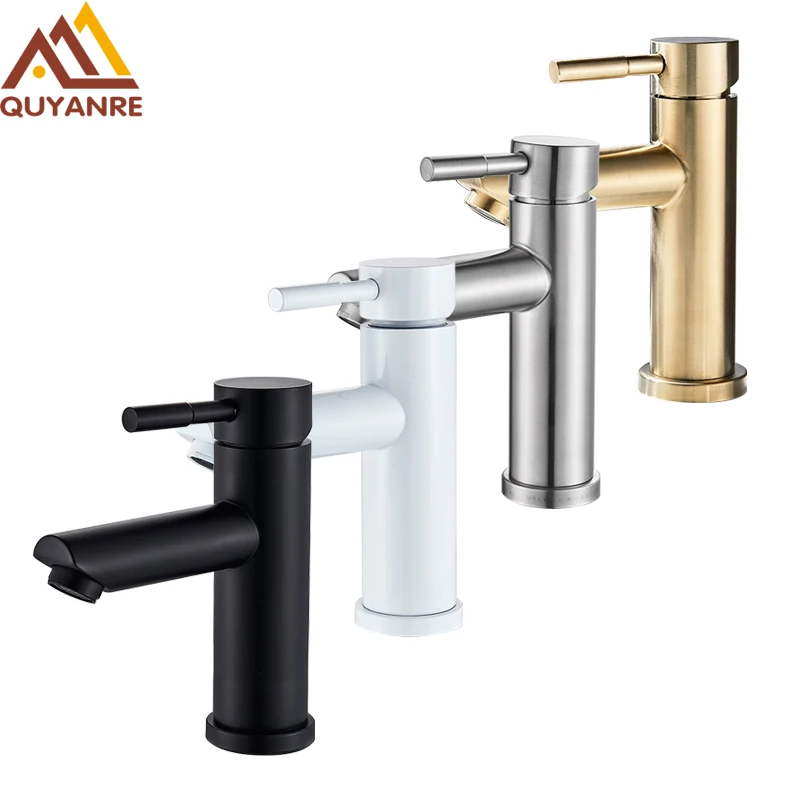 

Quyanre Black White Basin Faucets Hot Cold Water Mixer Tap Single Handle Mixer Tap Faucet Brushed Gold Bathroom Water Crane Tap