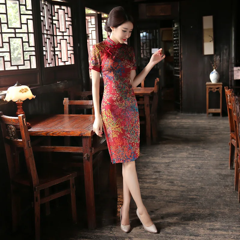 2018 winter women's satin cheongsam qipao Chinese oriental dresses traditional Chinese wedding dress retro slim evening dress  (4)