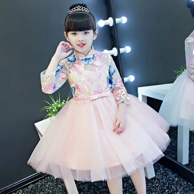 

New Hot-sales Children Babies Embroidery Butterfly Flowers Birthday Wedding Holiday Party Mesh Dress Girls Ball Gown Tutu Dress