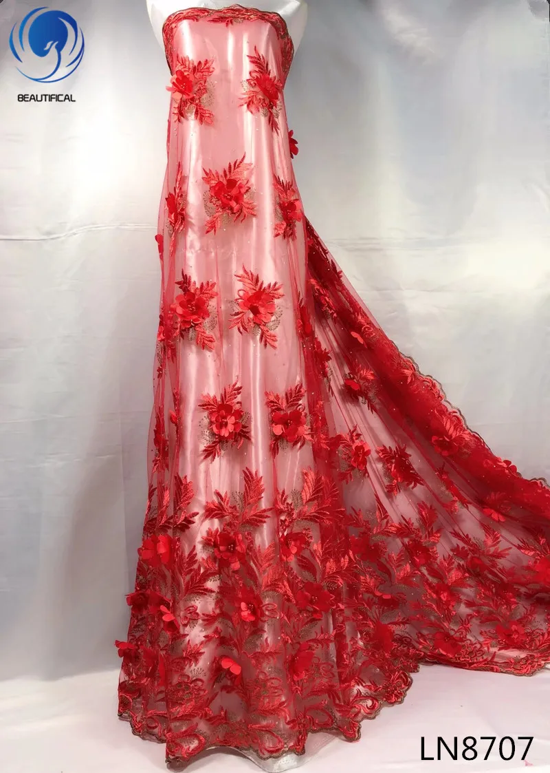 

BEAUTIFICAL 3d french lace fabric Red flowres tulle mesh lace fabric with beads and stones Fashion style nigerian net lace LN87