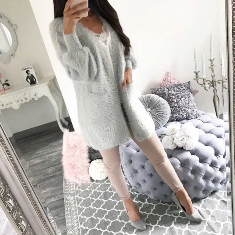 

Loose Mohair Cardigan Lazy Wind Fall Winter 2019 Women Long Tunic Cardigans Coat With Pockets