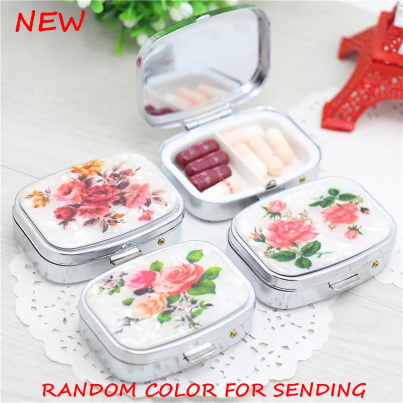 

New small metal Pill case for Drugs travel Portable Floral square splitters Medicine box