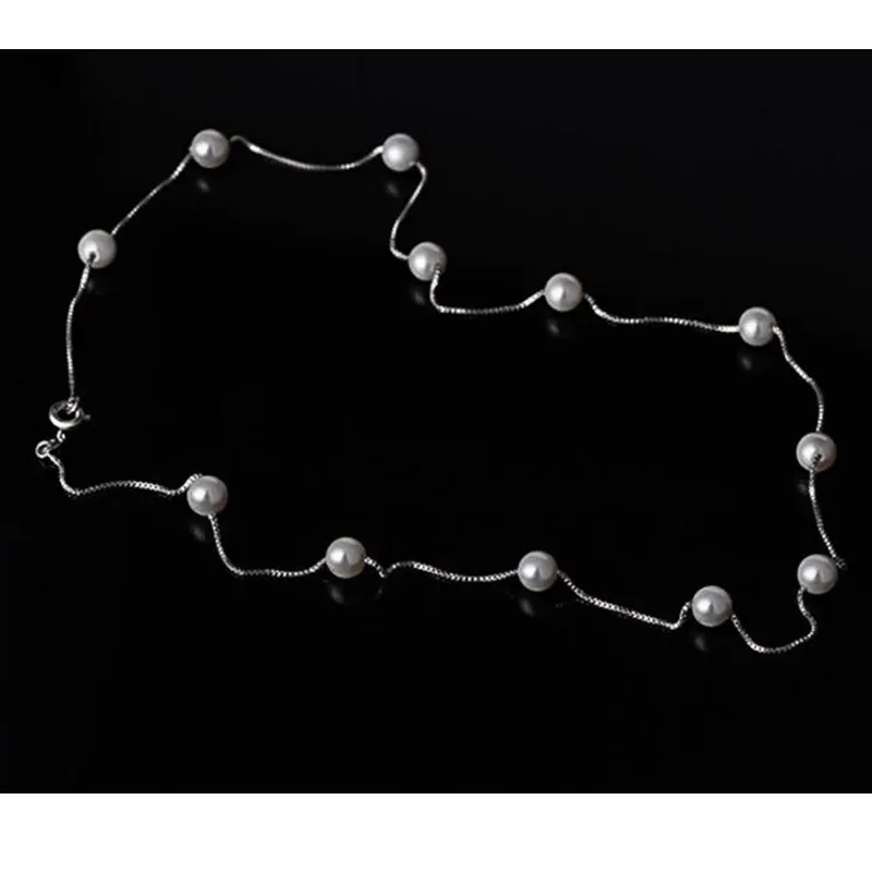 

Anenjery 925 Sterling Silver Jewelry 12 PCS 6mm Pearl Box Chain Choker Necklace kolye collares bijoux femme S-N54