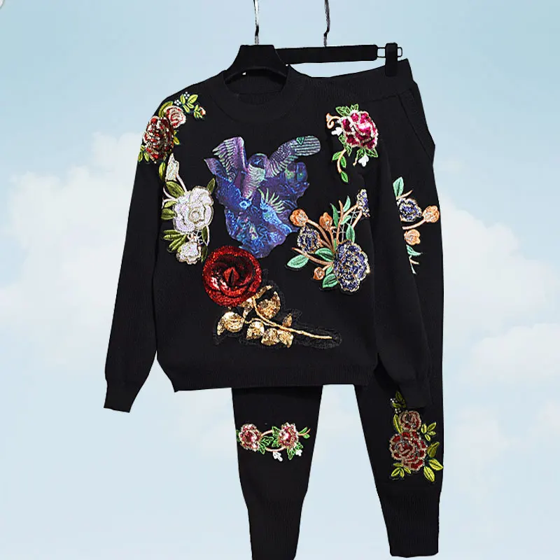 

Autumn Winter Printing Sequin flower Knit Sweaters Two Piece Set Female Long Sleeve Pants Plus Size 2 piece Set Women SS346