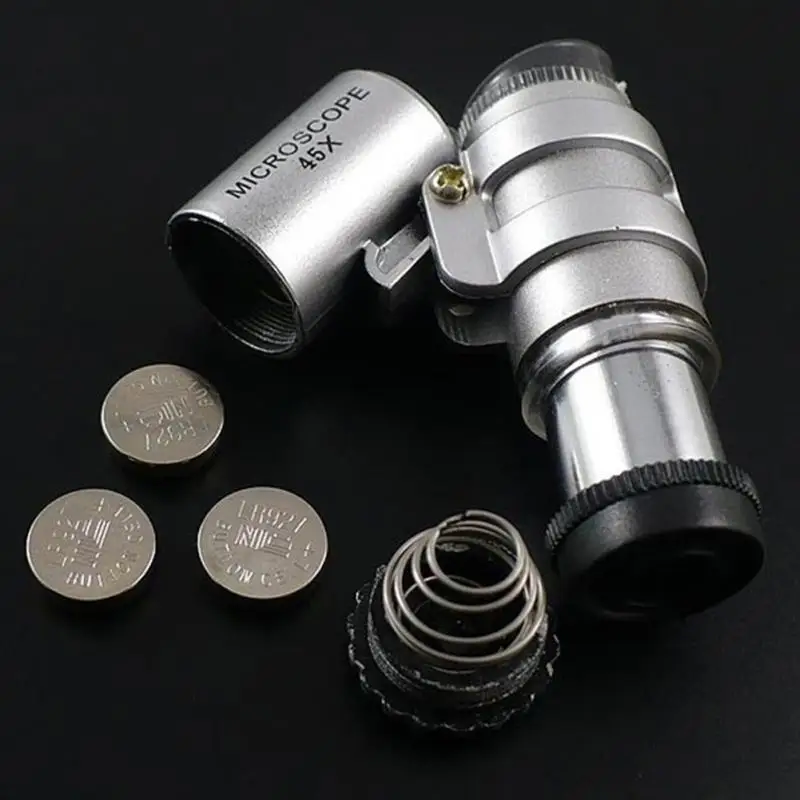 Портативный мини 45X 2LED Карманный микроскоп Лупа Ювелирный лупы стеклянные линзы с ПВХ кожаный чехол