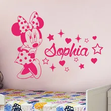 Pegatina de pared de Minnie, nombre personalizado para dormitorio de niñas, pegatinas de vinilo para habitación de niños, nombre personalizado, ratón, guardería, DecorSYY963