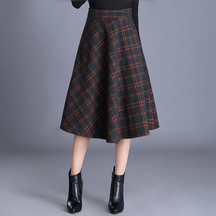 S-4XL New Women's Wool Blends Skirts Winter Autumn Fashion Elegant Printed Plaid Thicken Slim Medium Length Skirt Female - Цвет: Medium Skirt