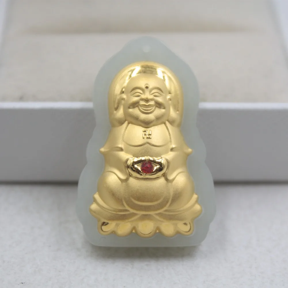 

Certificate Fine 24K Yellow Gold &Hetian Jade Pendant Red Gem Buddha 35*23mm For Women Man