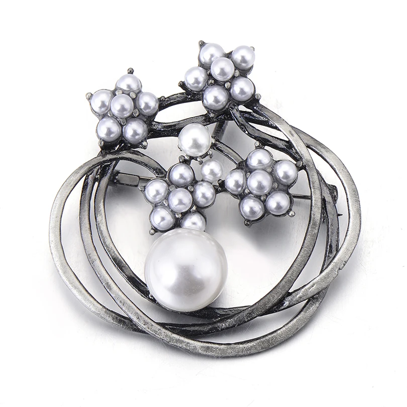 3pcs/lot Wholesale Vintage Black Simulated Pearl Flower Brooch Elegant