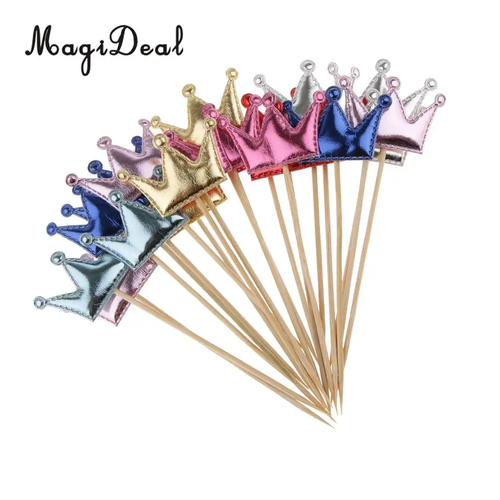 MagiDeal 20pcs PU Leather Crown Cake Topper Cupcake Toothpicks Wedding Birthday Party Baby Shower Party Fruit Food Sticks