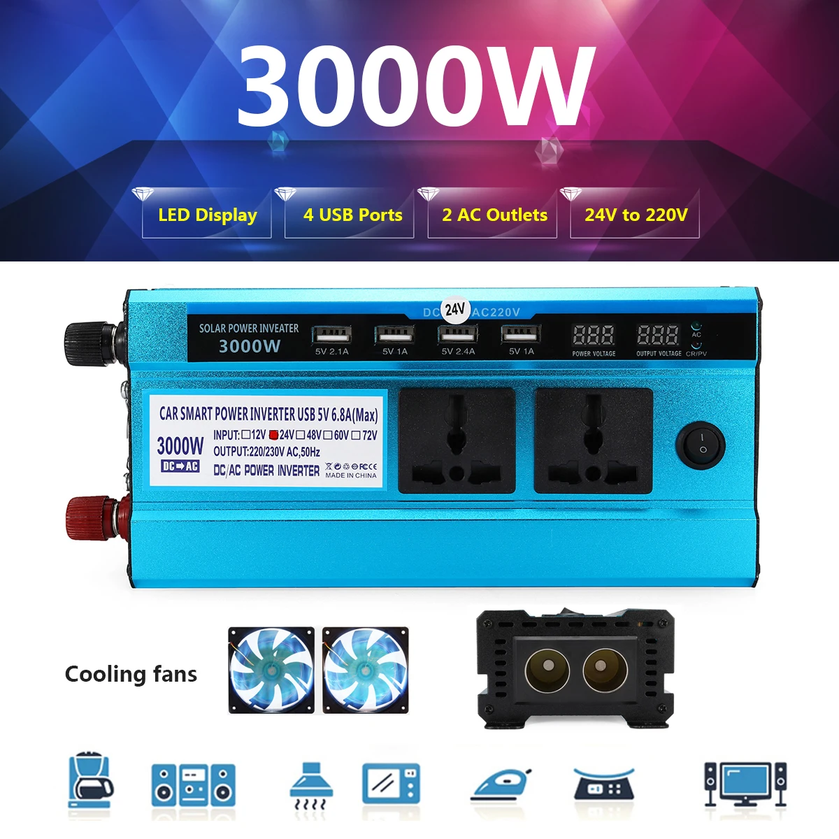 

Voltage Transformer DC 12/ 24V to AC 220V Solar Power Inverter Car LED Peak 3000W Sine Wave USB Converter Digital Display