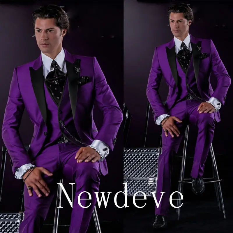 

Purple Black 3 Pieces Groom Tuxedos Lapel Groomsman Suits Wedding Formal Custom