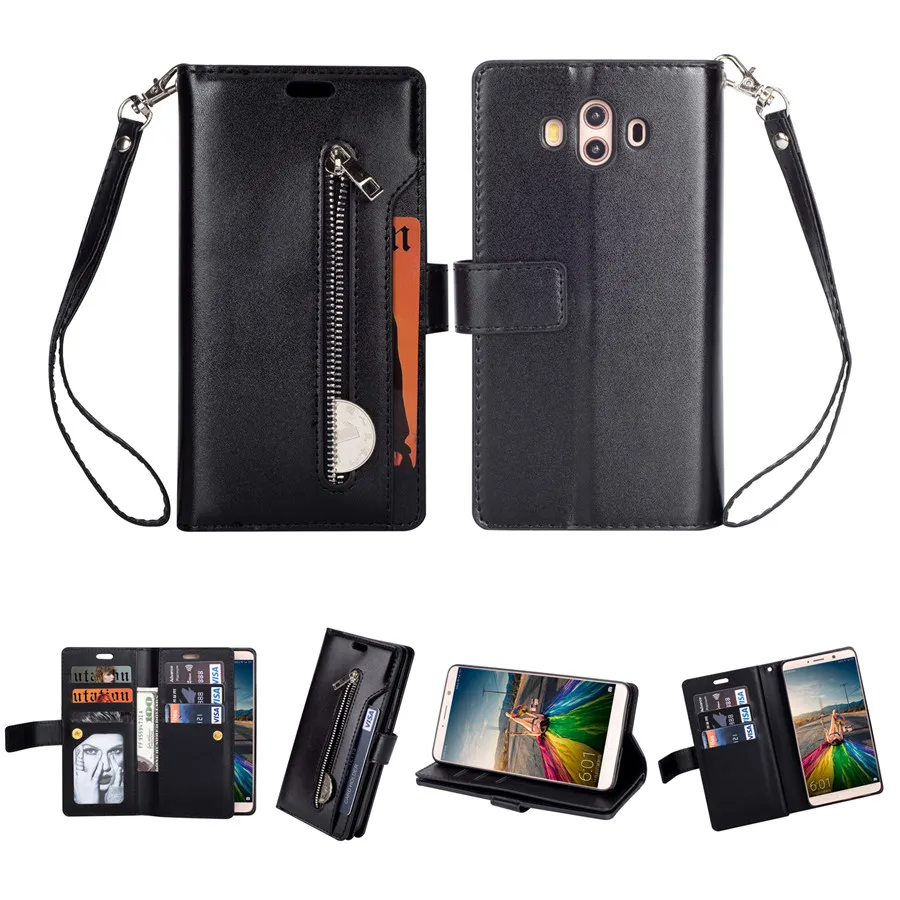 

Flip Wallet Cases Bag For Huawei Mate 10 Money Pocket Leather Phone Shell Wrist Strap Zipper Bag Soft TPU Covers With Card Slots