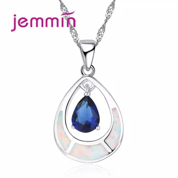 Jemmin Luxury Women 925 Sterling Silver White Fire Opal Pendant Necklaces With Water Drop Crystal Anniversary Engagement Gift