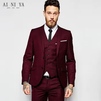 

new Men's suit Men Wedding Suits Groom Formal Dress Tow Buttons Burgundy Tuxedo Jacket Men Suit 3 Pieces Costume Homme