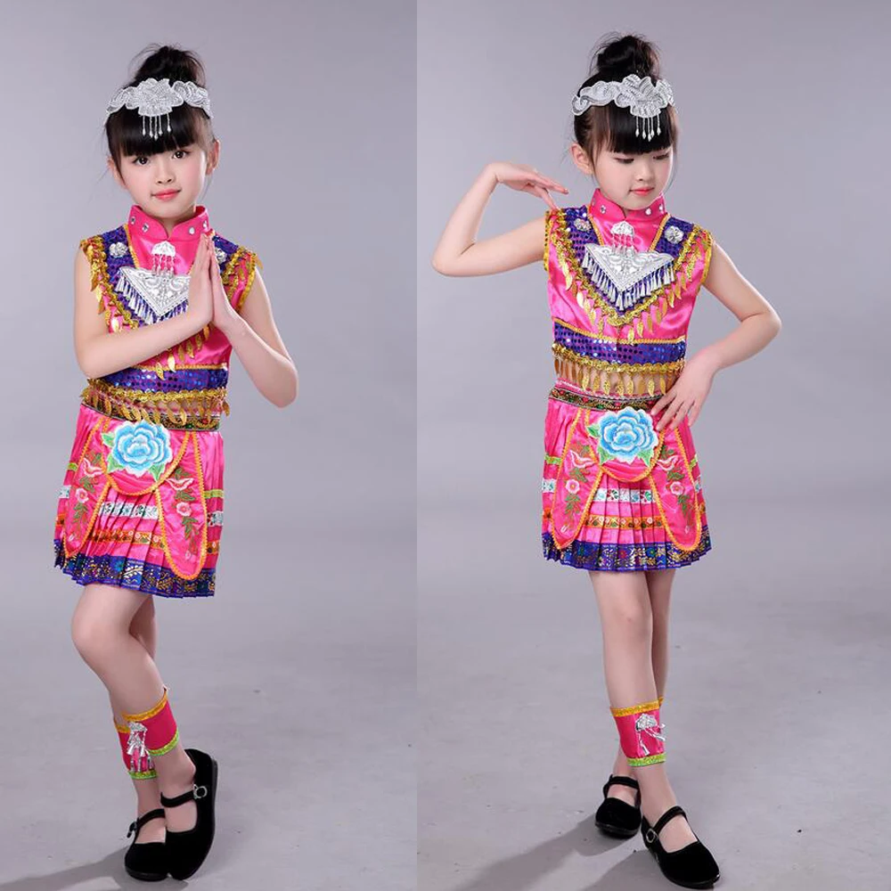 Hmong/китайские национальные танцевальные костюмы для девочек; детская Одежда для танцев miao; праздничная одежда; топы; юбка с головной убор