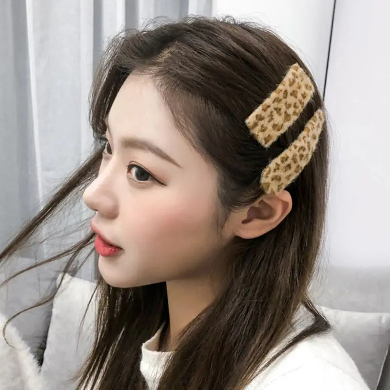 Женские корейские геометрические прямоугольные заколки для волос Пушистый Плюшевый винтажный Леопардовый принт BB заколки для волос из искусственной норки заколки для волос