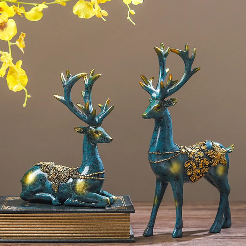 

Lovely Couple Elk Ornaments 2pcs Resin Deer Figurine Miniatures Crafts Decoration for Home Office FP8