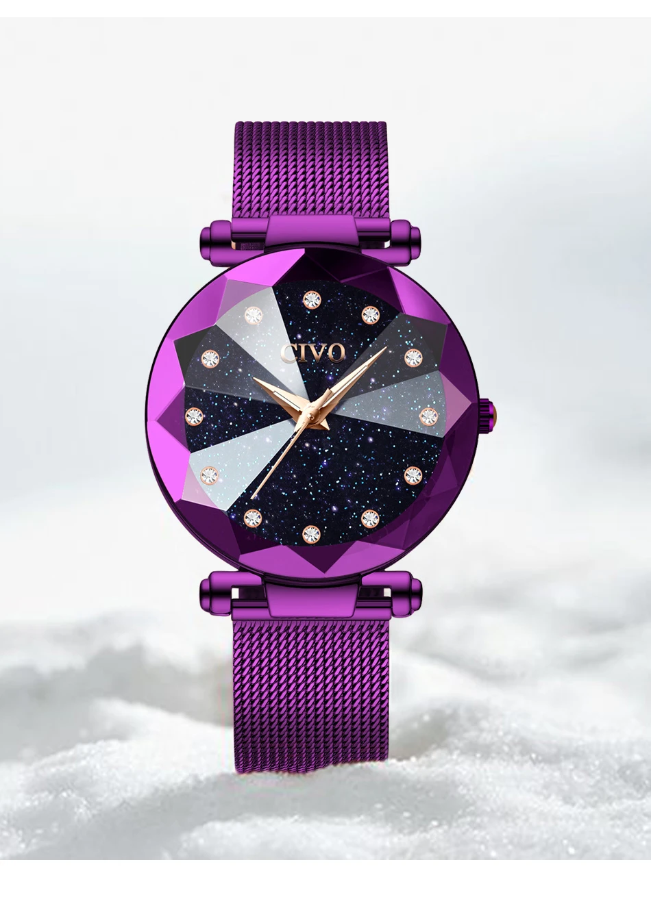 Чиво женские часы Фиолетовый кристалл Роскошные Водонепроницаемый Для женщин кварцевые часы Полный Сталь сетки Наручные часы Relogio Feminino
