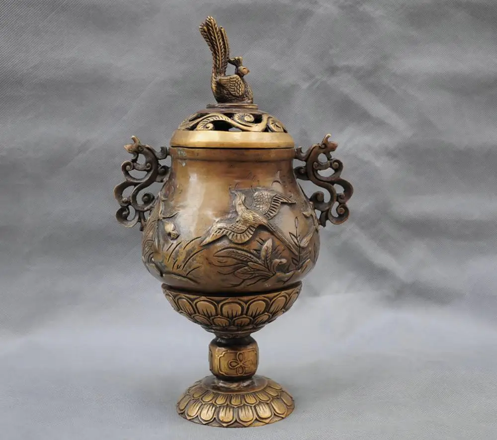 

SS 12" China Censer Incense Burner Buddha Carve Phoenix Bird Bronze Statue