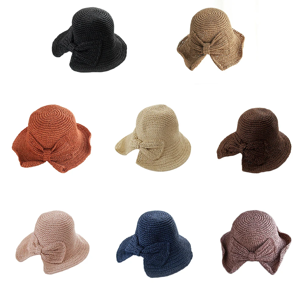 Соломенная шляпа с небольшим краем, женская летняя шляпа с бантом, широкополая шляпа, женские пляжные соломенные шляпы с куполом, шляпы с бантом, рыбацкий складной солнцезащитный козырек
