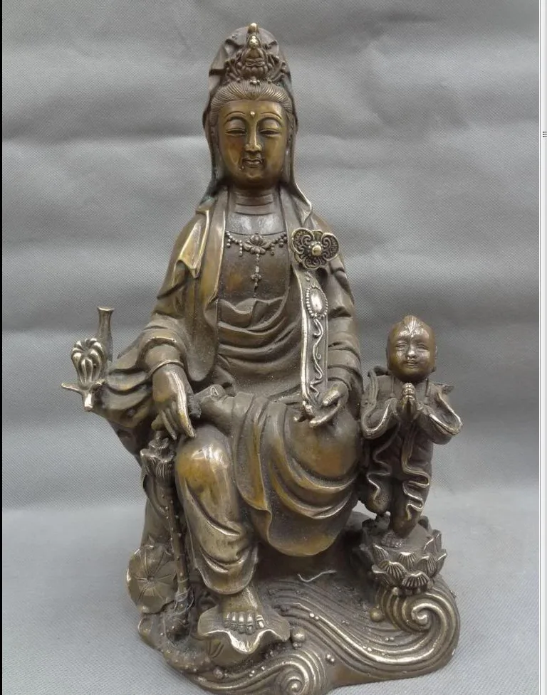 

wan671052+++12" Chinese Bronze Buddhist RuYi Lotus Kwan-Yin GuanYin Pot Kid Child Statue