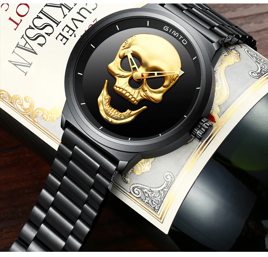 Punk Creative Skull Black Men Watches GIMTO Stylish Waterproof Stainless Steel Casual Quartz Sport Wristwatch for Men Retro Gift